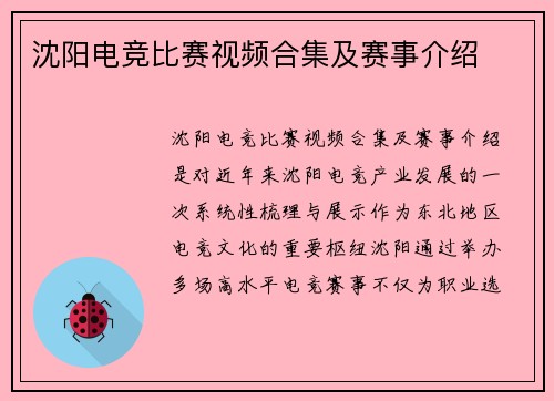 沈阳电竞比赛视频合集及赛事介绍